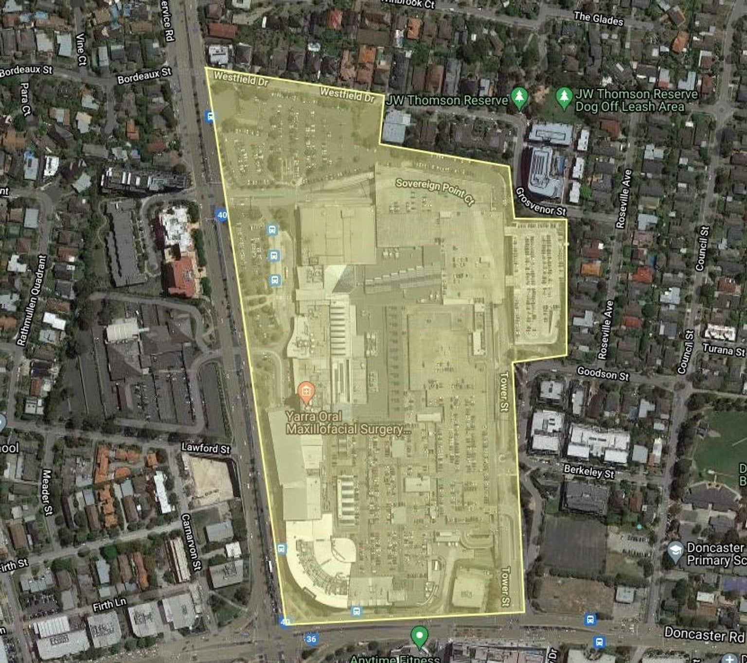 Map of designated area in Doncaster Westfield Shoppingtown and Transport precinct. Exact description in the copy above. 