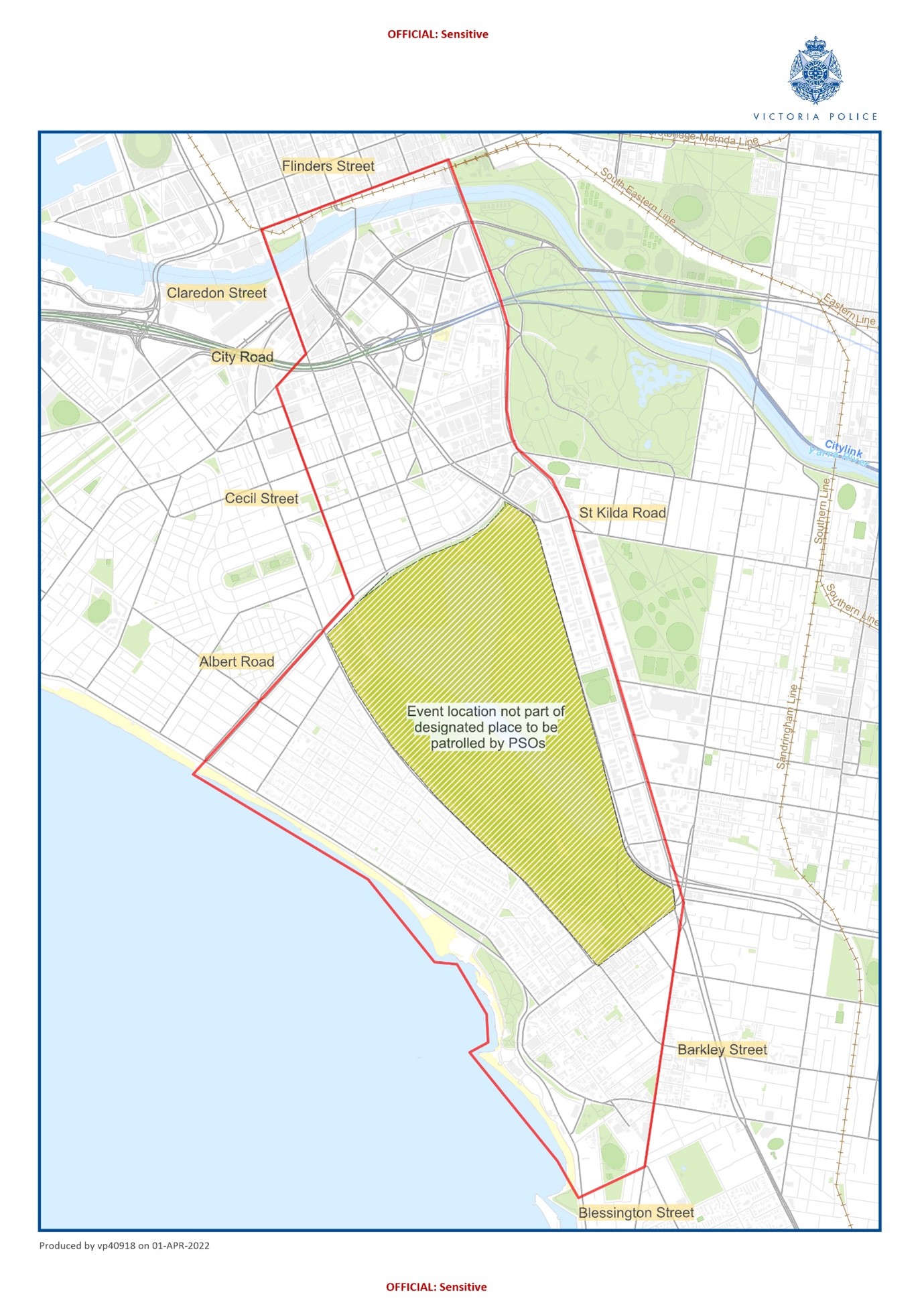 Map of designated area at Melbourne Formula 1 Grand Prix. Exact description in the copy above. 