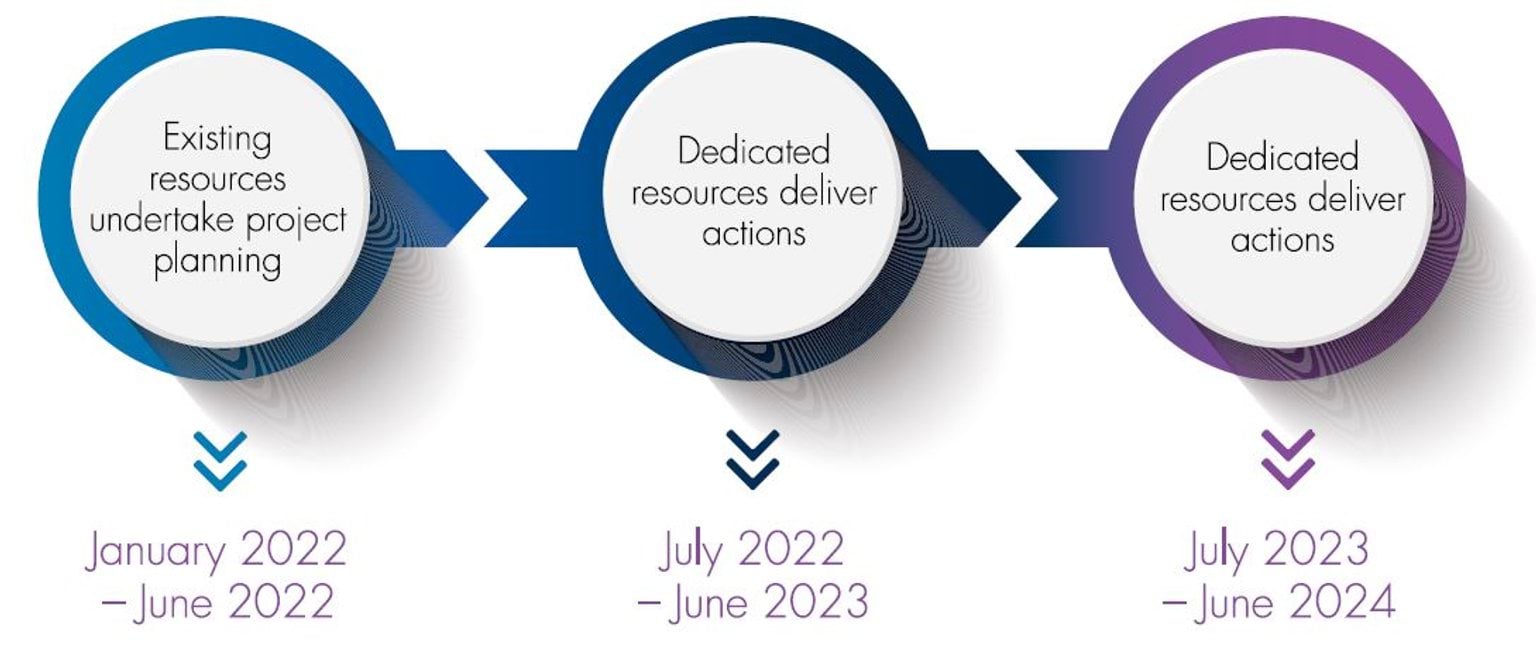 Chart showing Equal, Safe & Strong action plan spanning three financial years