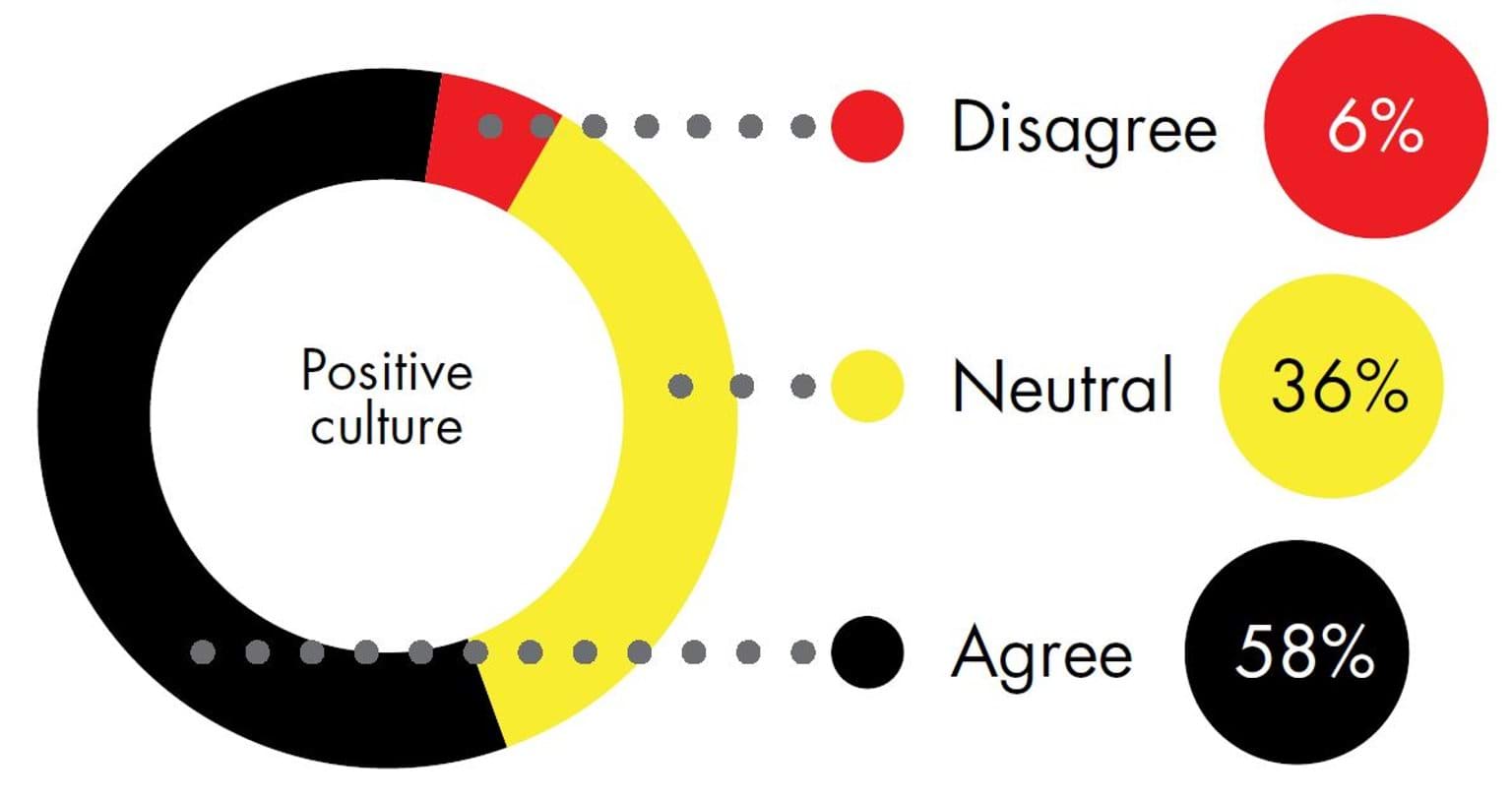 A pie chart with responses from Victoria Police's 2021 People Matter Survey. For the prompt "Positive culture", 6% of employees disagreed, 36% responded with 'neutral' and 58% agreed.