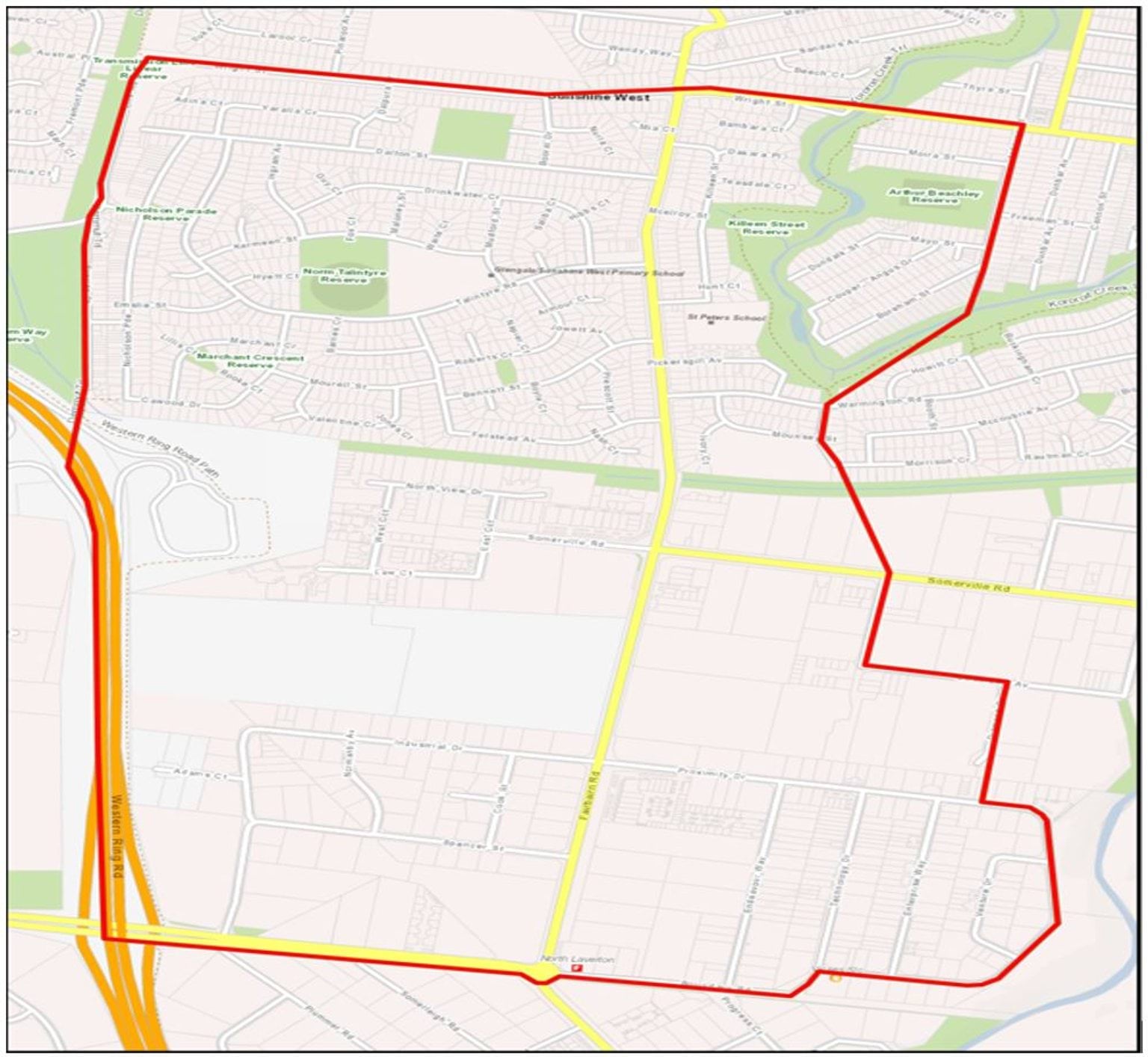 Map of the designed area of the planned operation in Sunshine West. 