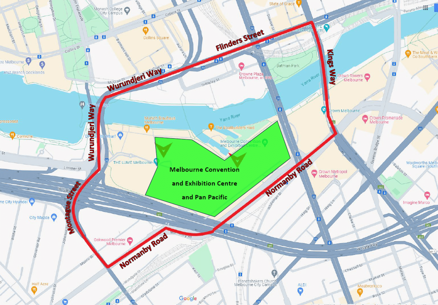 Map of the area surrounding Melbourne Convention and Exhibition Centre and Pan Pacific. 