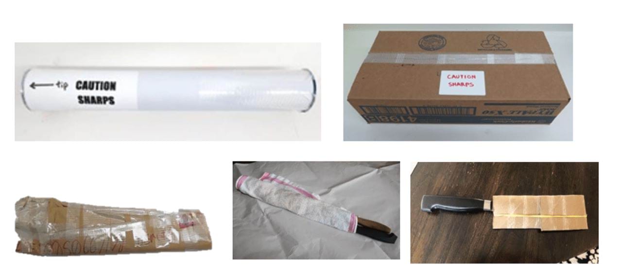 5 photos that each show a different way to safely transport a machete to a Machete Safe Disposal Bin, including a cardboard cylinder, at a sealed cardboard box, wrapping the whole machete in cardboard, wrapping the machete blade in a towel, and wrapping the machete blade in cardboard. 