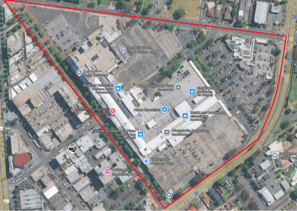 Dandenong Square Shopping Complex and surrounding area encompassing Clow Street to the North, McCrae Street to the south and Stud Road to the East. Included in this boundary is the Bus bays and terminals at Dandenong Square.  