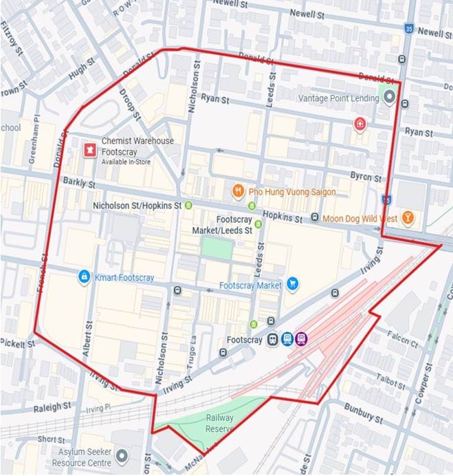 Designated area, containing the area around all public places within the Footscray Business District inclusive of the associated public transport facilities and Footscray Railway Station.