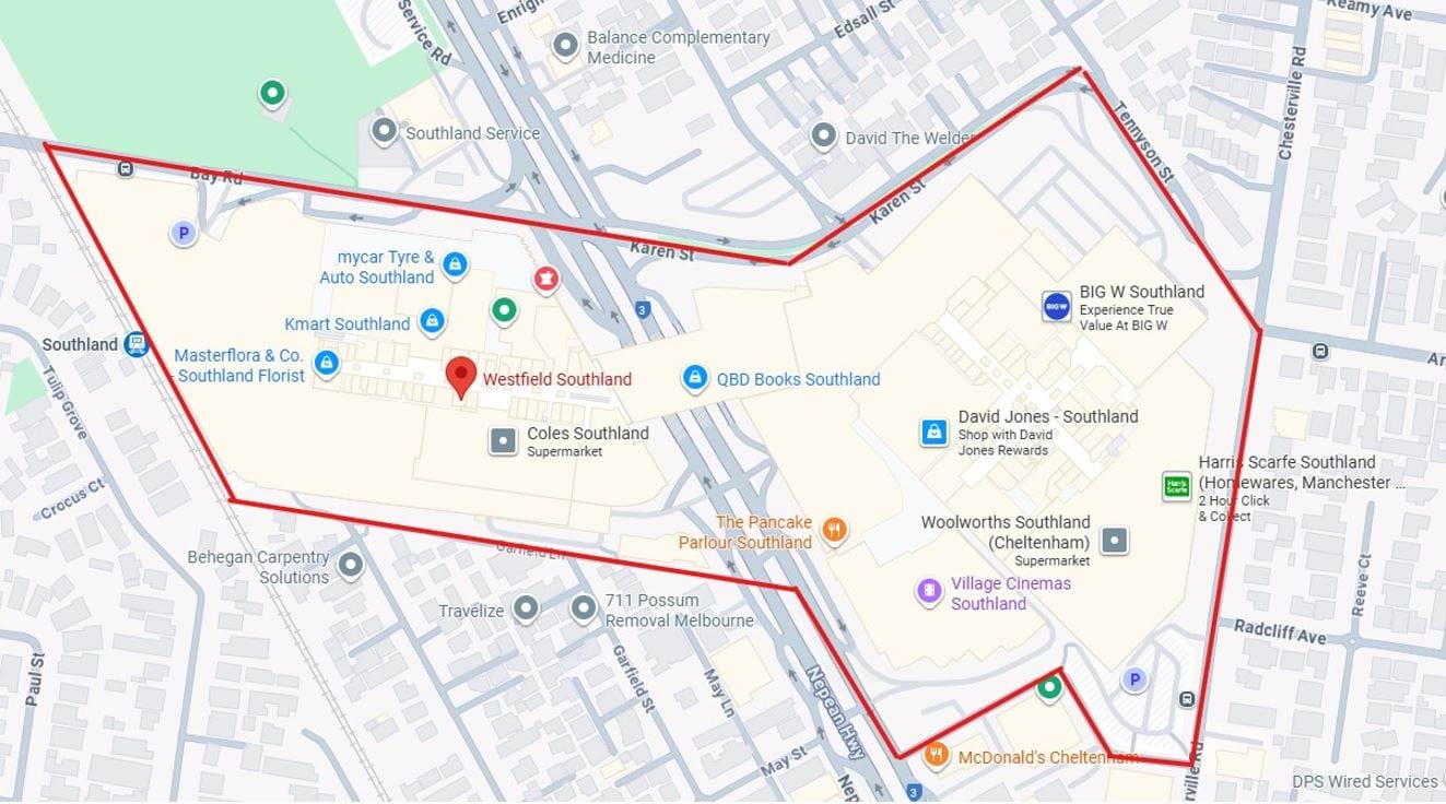 Public notice map - Southland Shopping Centre 1 March to 30 June 2026