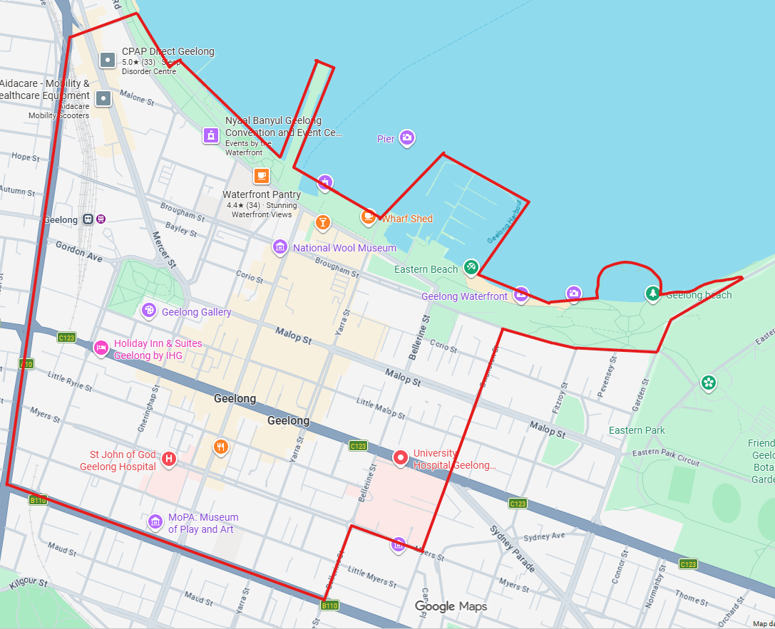 Map of the designated area around Geelong CBD. 