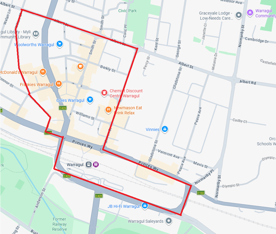 Map of the designated area around Warragul Central Business District 
