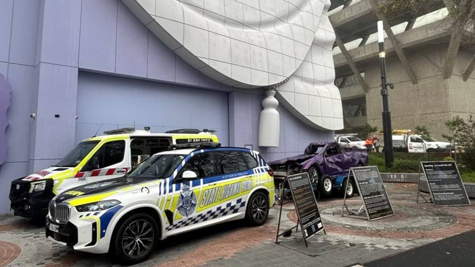 Police car, ambulance and crash car at the Geelong Arts Centre